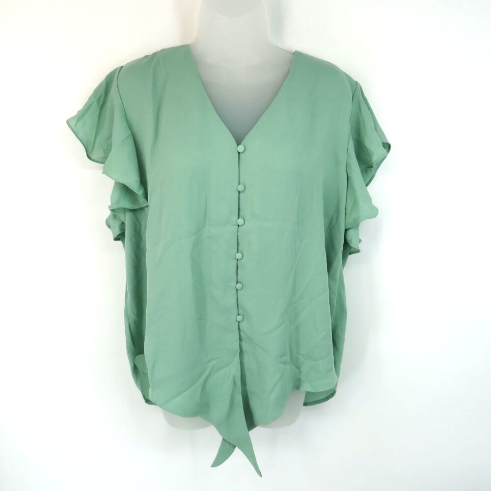 Mint Green Women's Ruffle Sleeve Button-Down Blouse XL NWOT